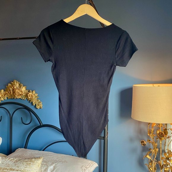 3 For $25 V Neck Ribbed Knit Black Bodysuit - Picture 3 of 3